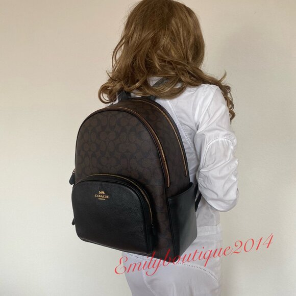 NWT Coach 6495 Large Court Backpack In Signature Canvas Brown Black Leather Bag - Picture 2 of 11